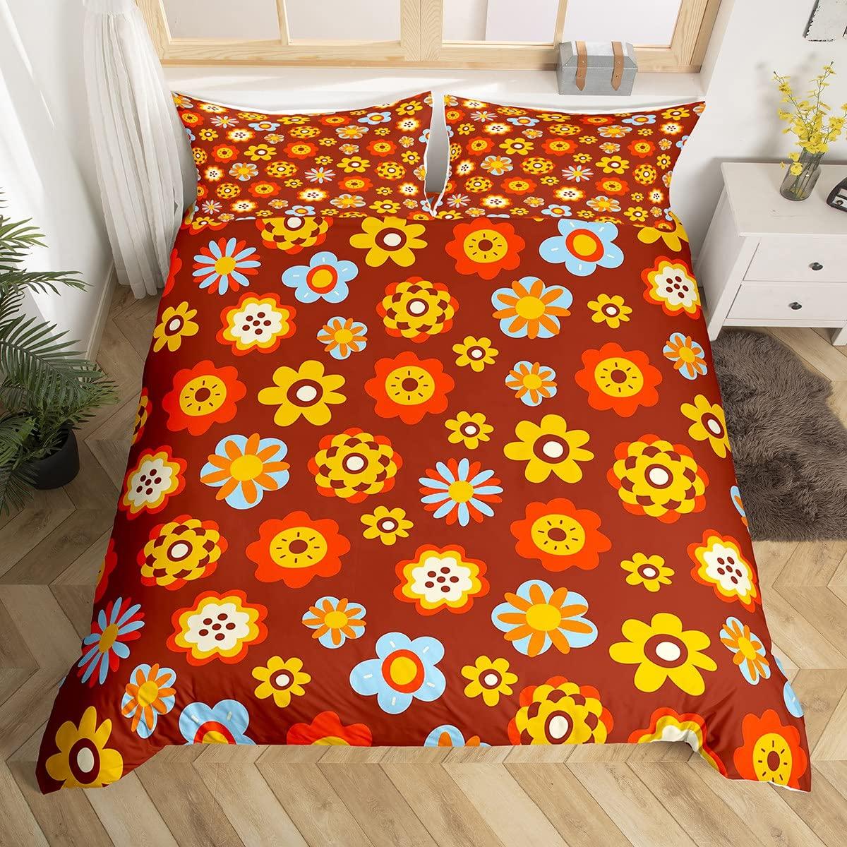 

Grovy Warm Comforter Cover Quen Retro Hipie Flower Beding Set Aesthetic Psychedelic Floral Soft Duvet Cover Boho Botanical Comfortable Quilt Cover 100*200cm Single