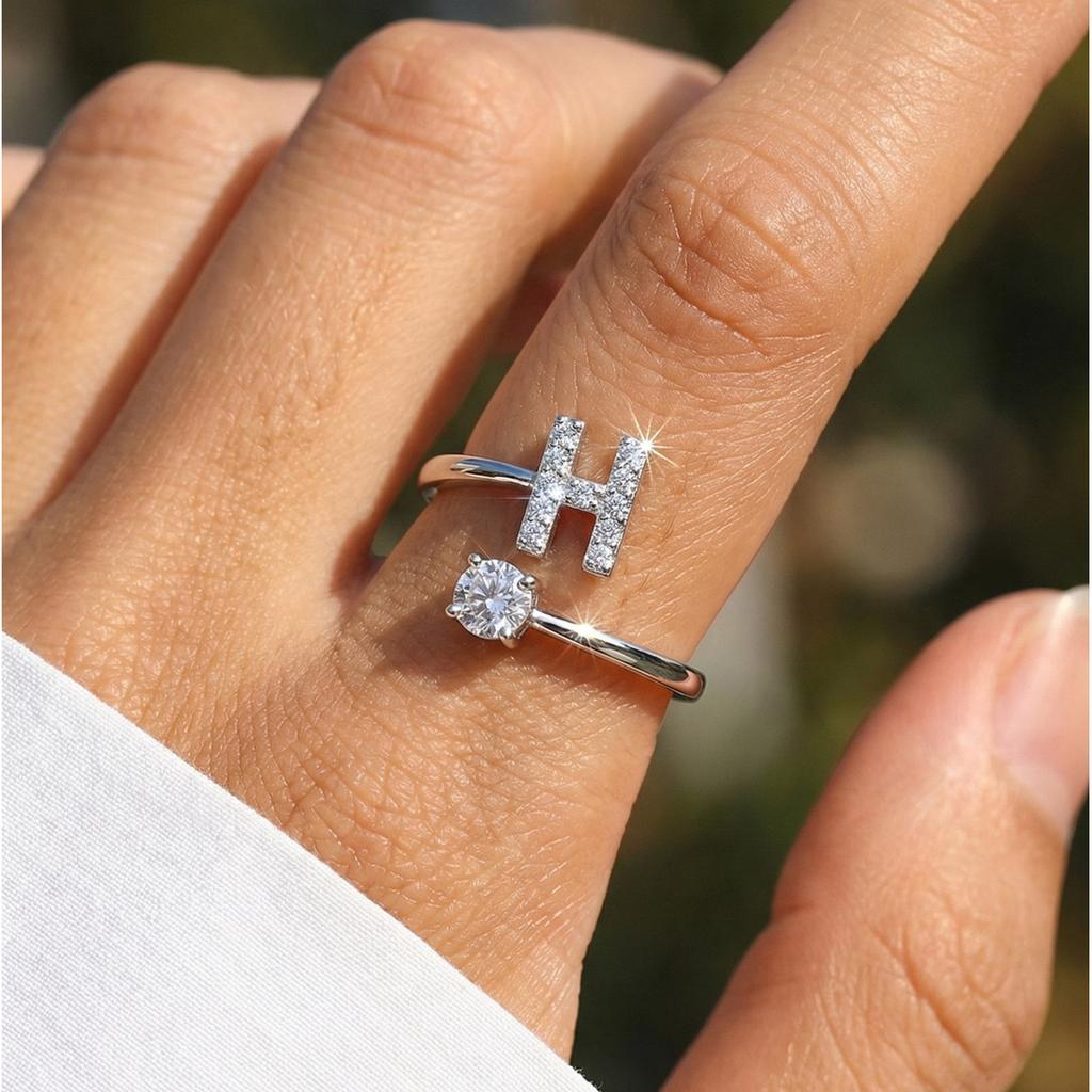 Dainty Zircon Alphabet A-Z Letter Rings for Women Girls Adjustable Name Initial Female Finger Ring Daily Wedding Jewelry Gift