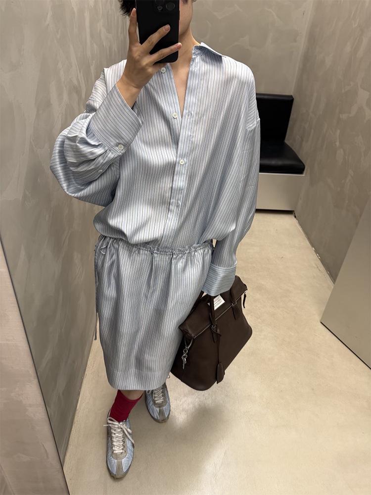 Wen Jiu 26 Early Spring New 100% Mulberry Silk Striped Loose Women's Shirt