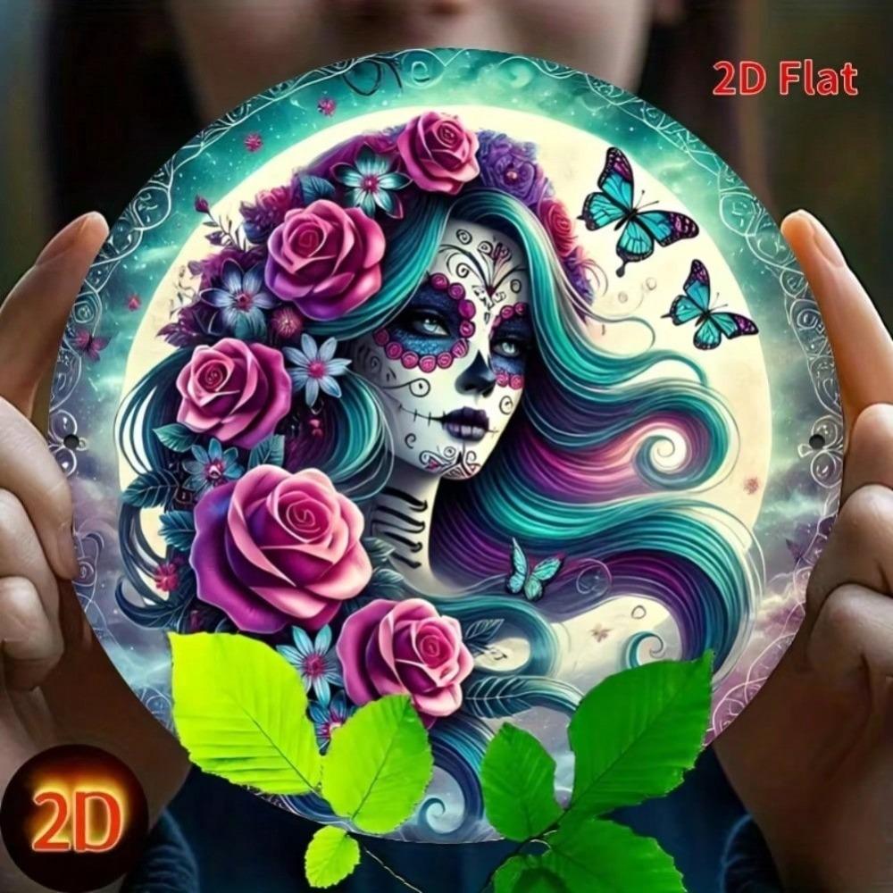 8x8 Inch 2D Flat Sugar Skull Skeleton Wreath Floral Dia De Los Muertos Wall Hanging Outdoor Decor