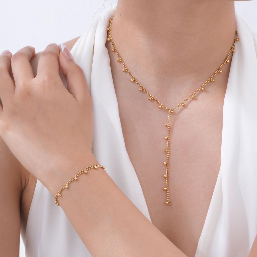 Stainless Steel Grinding Chain Round Bead Y-Shaped Fringed Necklace Bracelet Nc-2101