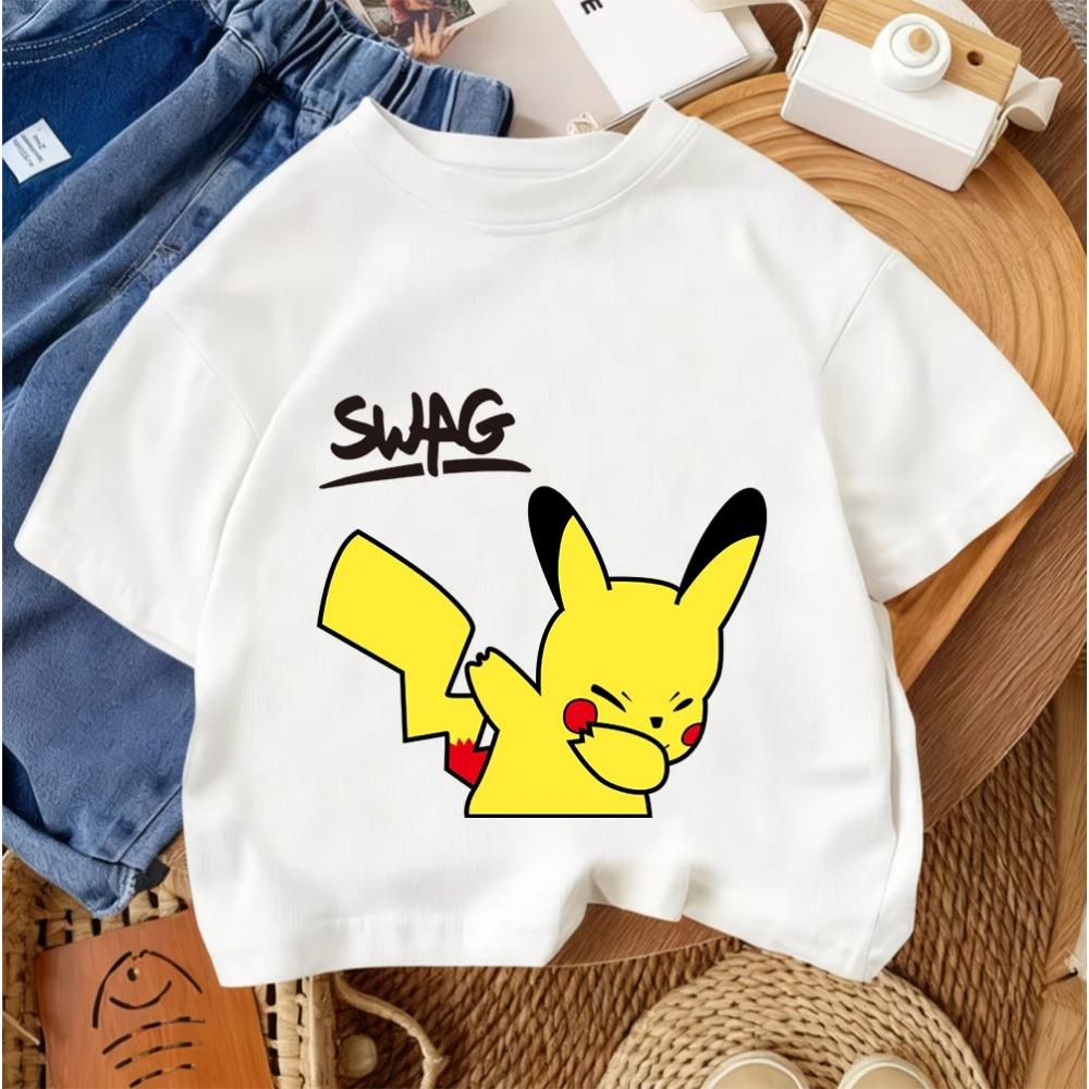 Children Fashion Street Tee Pikachu Cute Cartoon Print For Boys Girls Summer Casual Comfort Wear 3-14 Years