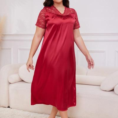 Dámská noční košile s krátkým rukávem z ledového hedvábí plus size - Jarní/letní domácí oblečení
