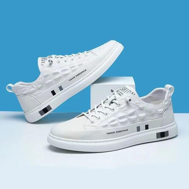 Men's Shoes Crocodile Pattern White Shoes Men's Breathable Round Head Sports and Leisure Versatile Board Shoes Rubber Sole