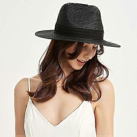Straw Hat Ladies Summer Beach Sun Hat Wide Brim Fedora, Black