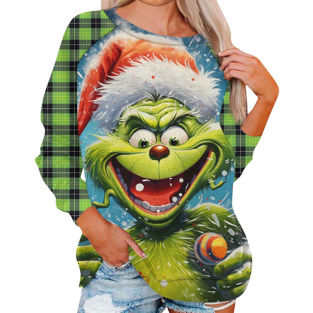 Damenmode, lässig, Rundhalsausschnitt, Langarm, Weihnachtsdruck, Raglanärmel, Sweatshirt-Oberteil