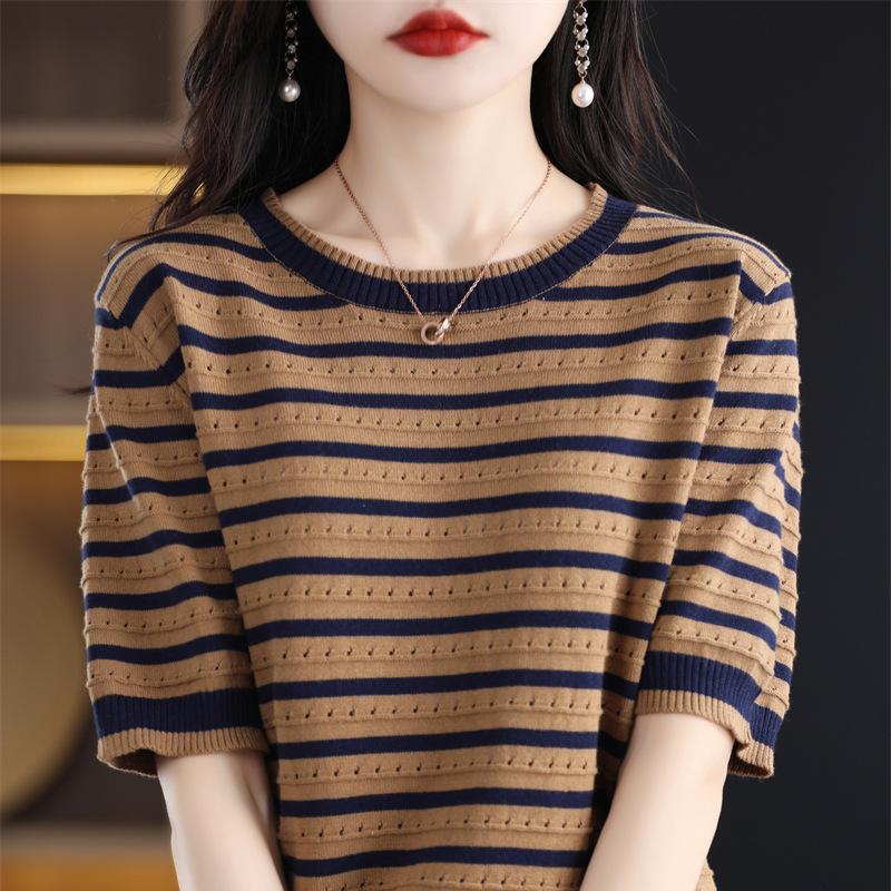 Crew Neck Striped Cotton Short-sleeved Women's Summertime Bottoming Shirt Relaxed Fit Versatile Cotton Thread T-shirt