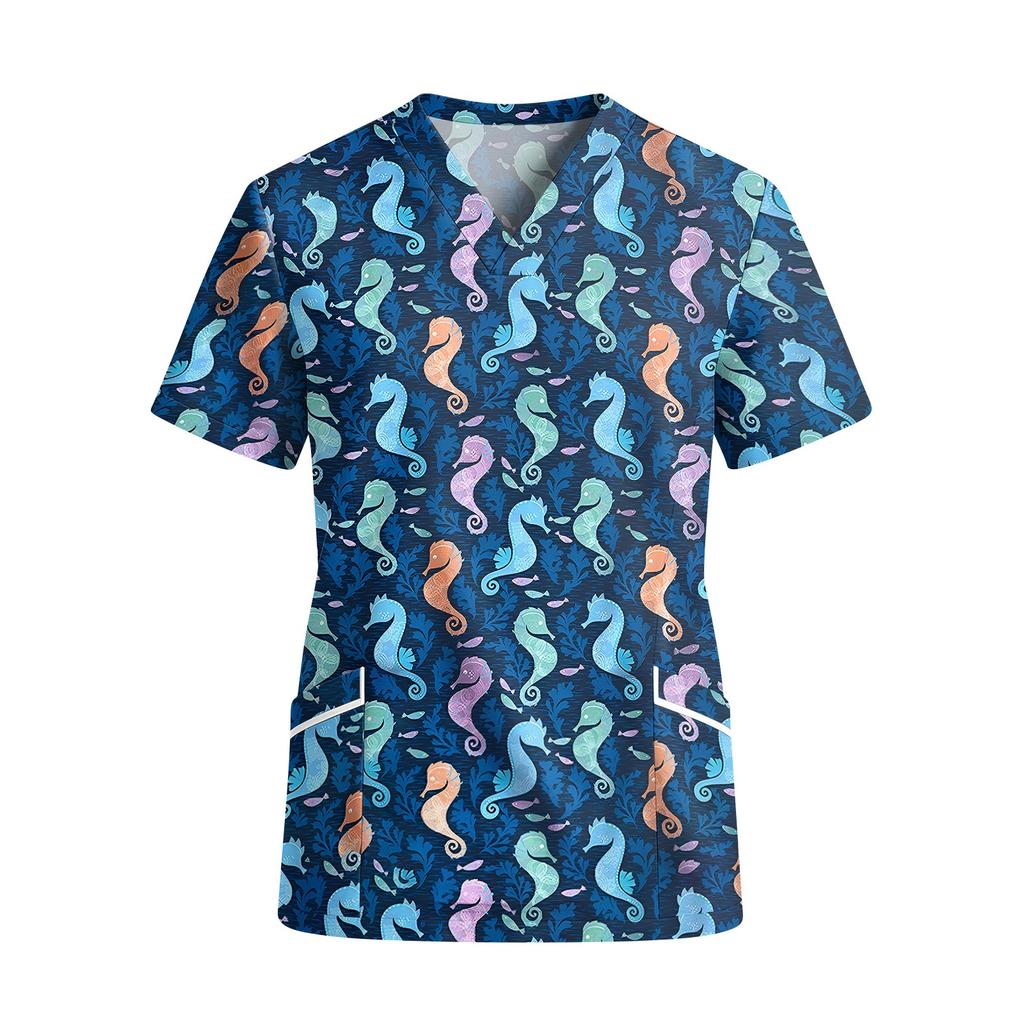 Women V Neck Short Sleeve Printed Scrub Top with Pockets for Work Uniforms Nursing Healthcare