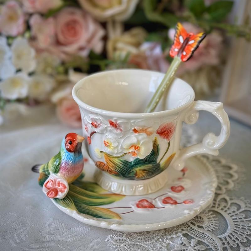 

270ML Bird and Butterfly Orchid Ceramic Coffee Cup and Saucer with Relief Flowers Exquisite Mug for Afternoon Tea and Flower Tea 270ml