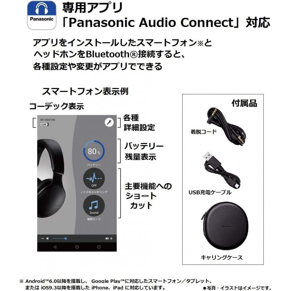 Panasonic Rp Hd610n K Sealed Headphones  Wireless Hi Res Sound Source Compatible  Noise Canceling  blacK