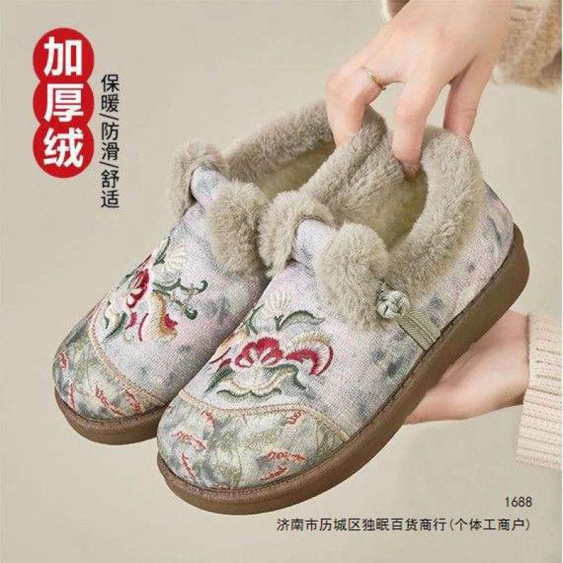 Womens Winter Warm Fleece-Lined Slip-On Flat Shoes With PVC Sole Embroidery