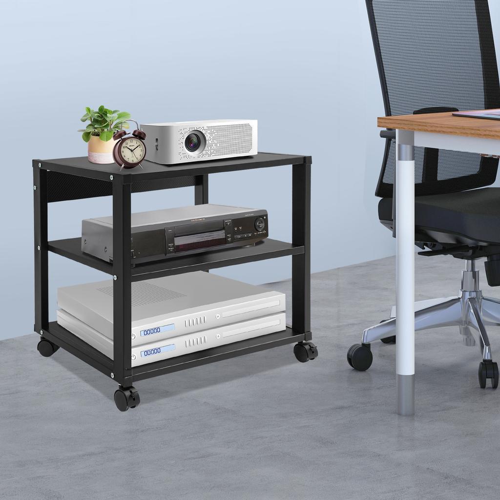 3-Tier Galvanized Steel AV Media Stand with 4 Wheels,Black Rectangular AV Media Stand 50*40*48.5cm for Study Rooms,Kitchens