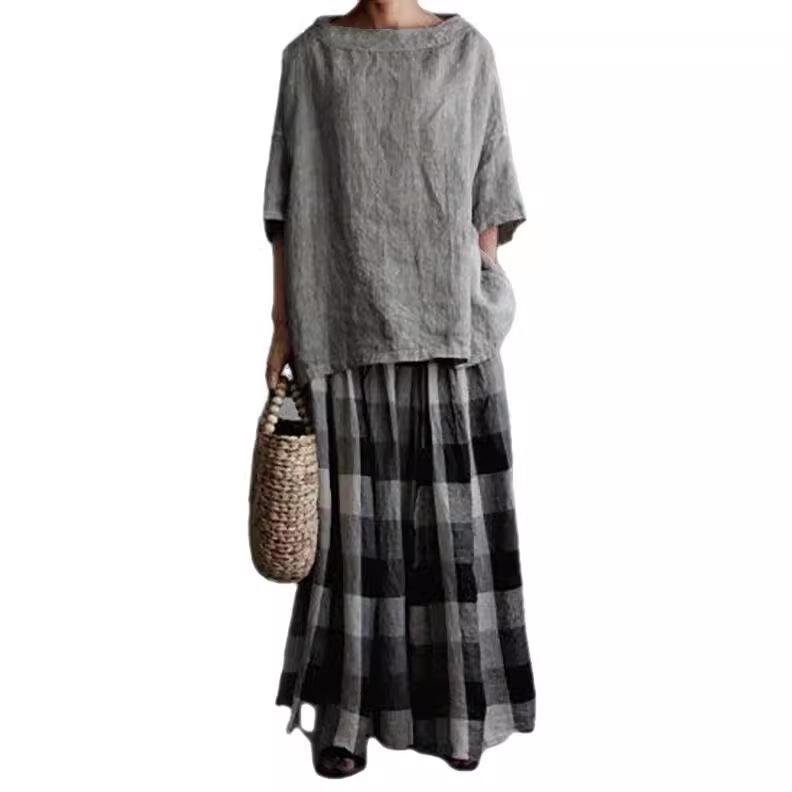 2022 Καλοκαίρι Νέο Ευρωπαϊκό & Αμερικάνικο Βαμβακολινό Λινό Μονόχρωμο Φαρδύ Γυναικείο Μπλουζάκι με Στρογγυλή Λαιμόκοψη