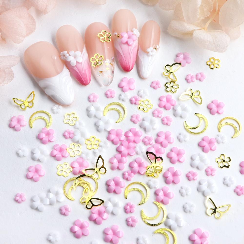 1box Luxury Pink White 3D Mini Acrylic Flower Rivet Nail Art Charms Mixed Metal Flower Butterfly Nails Decoration Accessories