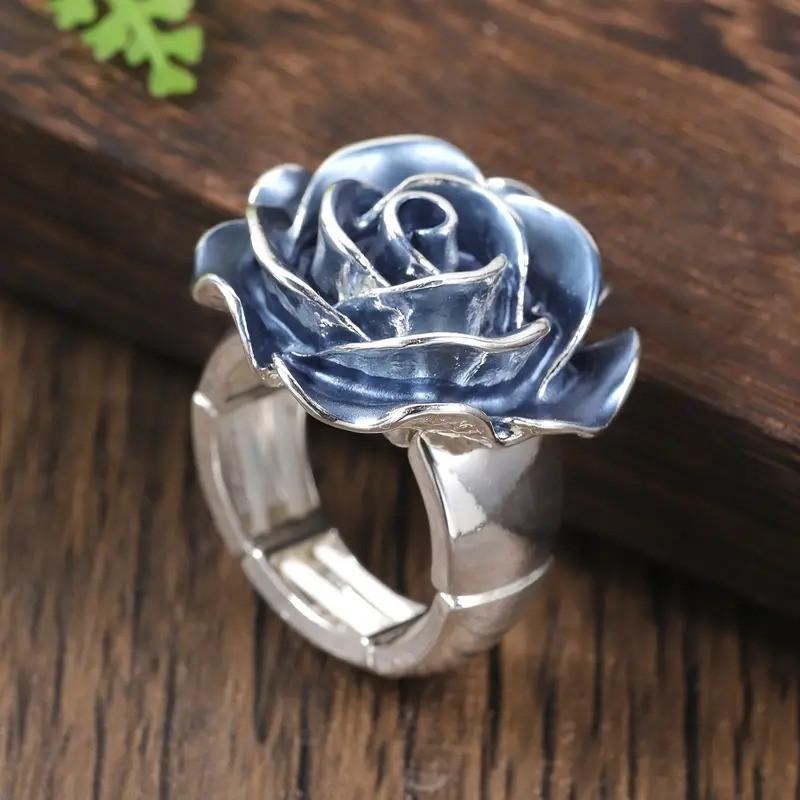 CopperOil Blue Rose Rings For Women Punk Vintage Flower Wedding Band Engagment Jewelry