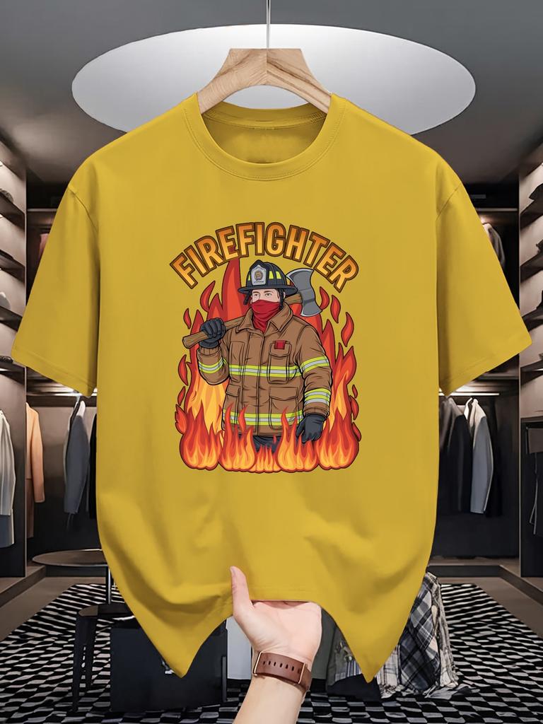 Unisex Crew Neck Tee Firefighter Retro Flame Art Cartoon Print Soft Cotton Loose Short Sleeve Summer Casual Male Streetwear Tops