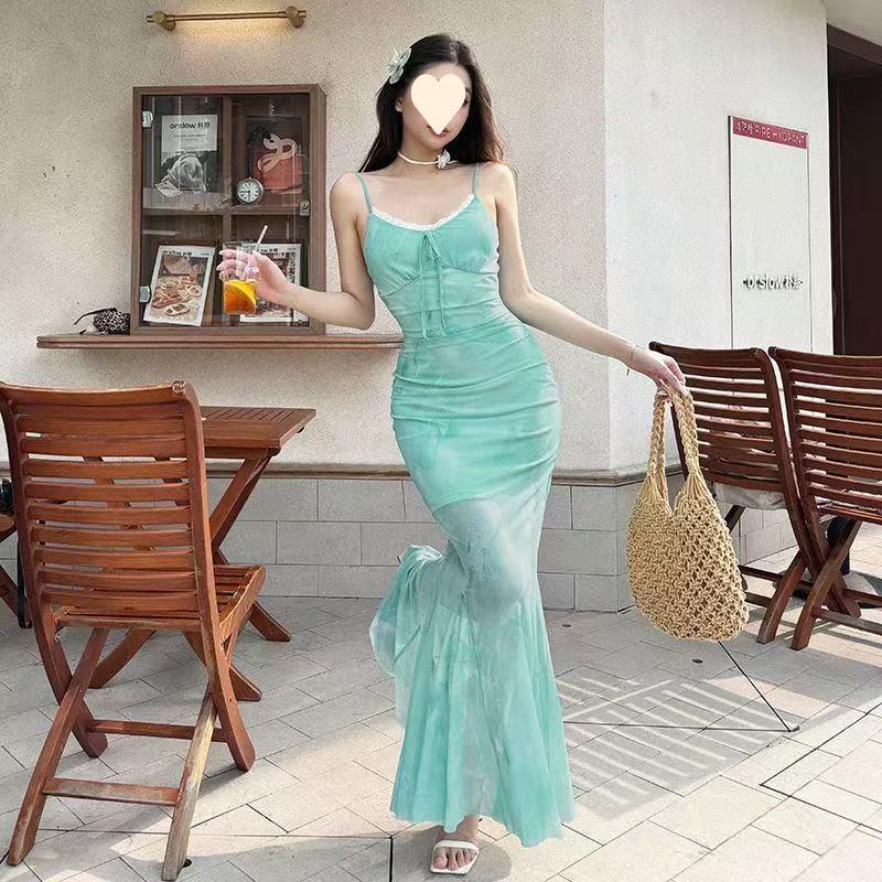 Dopamine Mesh Printing Suspender Dress Women's Summer Lace Splicing Sexy Backless Vacation Style Hip-wrapped Fishtail Dress