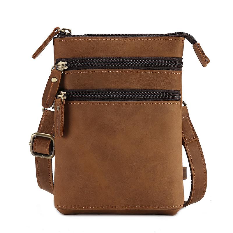 Herentas van Crazy Horse-leer, crossbodytas, verticale telefoonhouder, herenheuptas van gelaagd rundleer