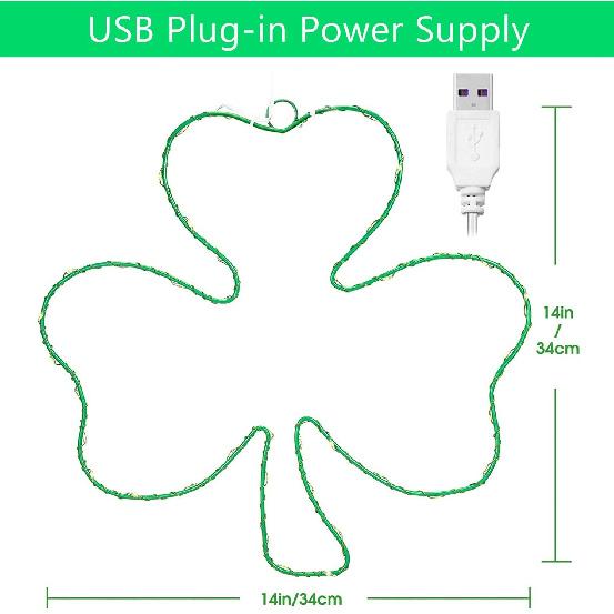 1 Set Lighted Window Decoration for St. Patrick's Day, 15.8 Inch 40 LED Irish Green Clover Shamrock Shaped LED with Iron Frame, Battery Operated