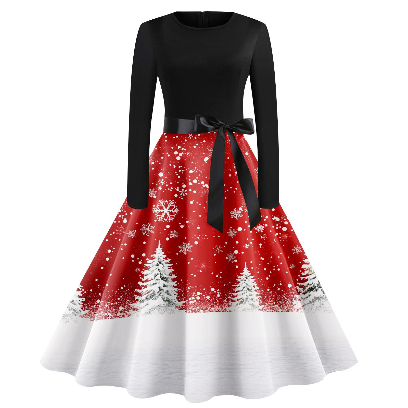 

Женское винтажное классическое платье с воротником на талии и галстуком-бабочкой с длинными рукавами и рождественским принтом, с круглым вырезом, свободное платье XXL красный