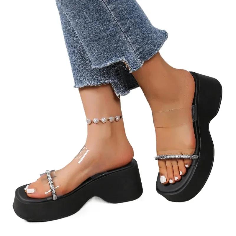 Papuci Femei 2025 Calitate Înaltă Cu Degete Descoperite Papuci Femei cu Platformă Exterior Femei Cristal Platformă Wedge Sandale Casual de Damă