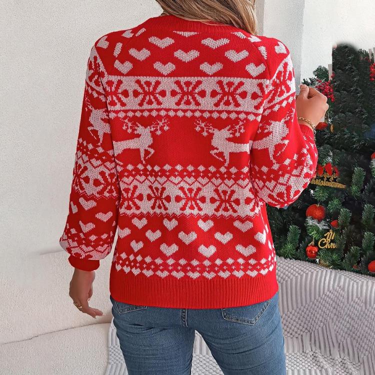 Vintage Christmas Sweater Knitwear Loose Long Sleeve Top Print Cardigan O Neck Autumn Winter