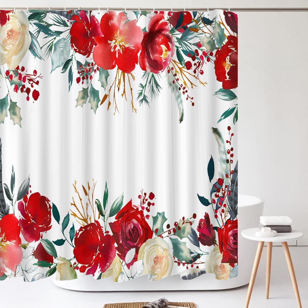 Green Leaves Plant Flower Butterfly Shower Curtain Watercolor Floral Waterproof Fabric Bath Curtains Bathroom Accessorie Decor