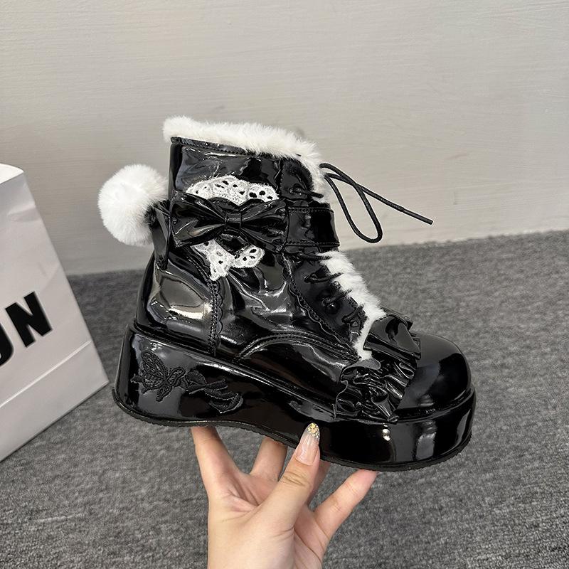 Sweet hairball bow snow boots 2025 new thick-soled plush warm cute winter cotton boots