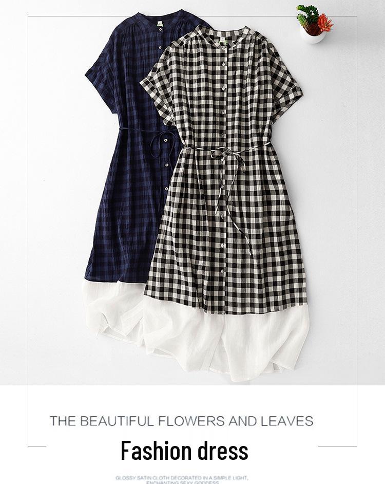 Plaid Patchwork Round Neck Dress - Casual Loose Fit, Japanese Style for Women, Spring/Summer