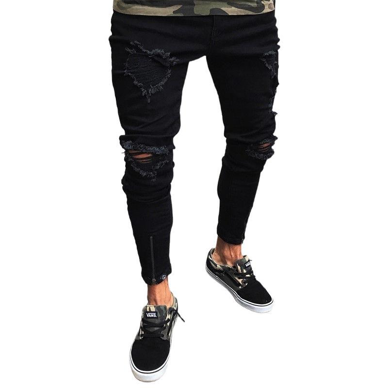 Jeans Men's New Black Ripped Stretch Zipper Men's Clothing Skinny Pants