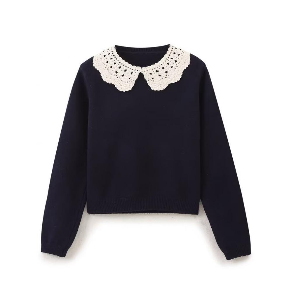 Autumn European & American Women's Color Block Crochet Collar Knit Sweater & Skirt Set