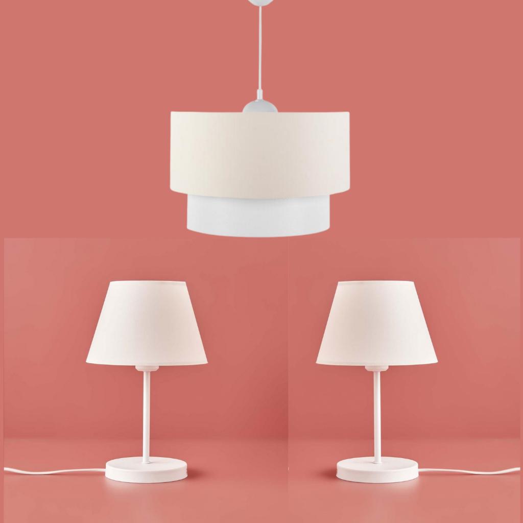 

Art White Metal Body Triple Chandelier and Lampshade Set Cream Fabric