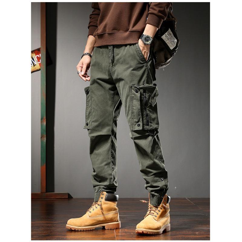 Men multi flap pocket cargo jogger pants drawstring ankle solid army green outdoor street casual trousers