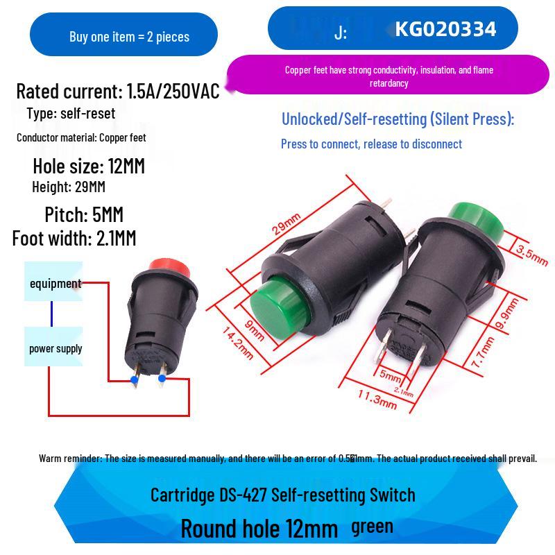 Round Button DS-427/428 Pushbutton Switch: 12-Unlocked, Self-Resetting, Locking/Momentary 