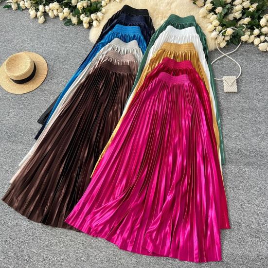 Maxi Skirt High Waist Glossy Long Skirt Solid Color Pleated Design Large Hem Dance Skirt Work Leisure Daily Wear