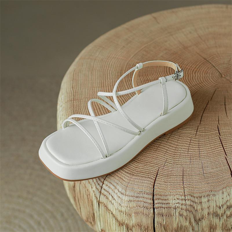 Meotina Femmes chaussures en cuir véritable plate-forme été boucle sandales sangle croisée chaussures pour dames abricot jaune cuir de vache