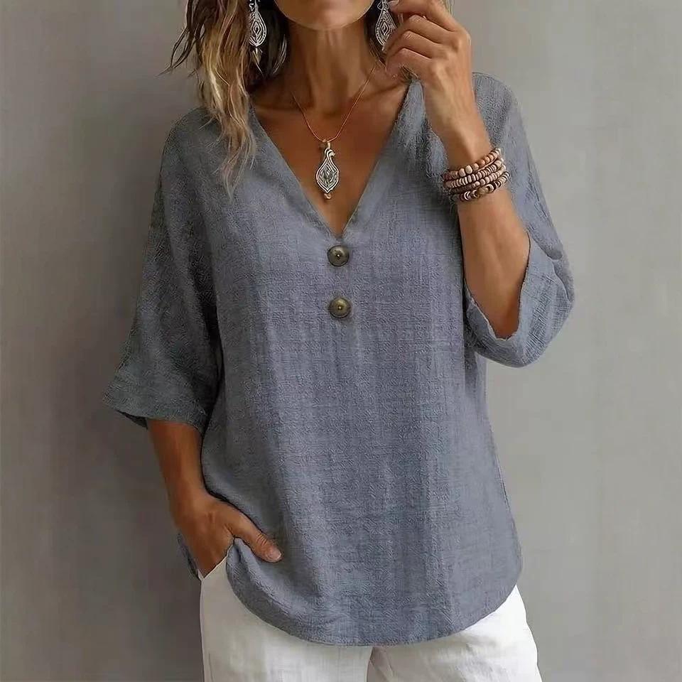 Blusa Casual da Donna con Scollo a V, Maniche a 3/4, Dettaglio Bottoni, Misto Lino