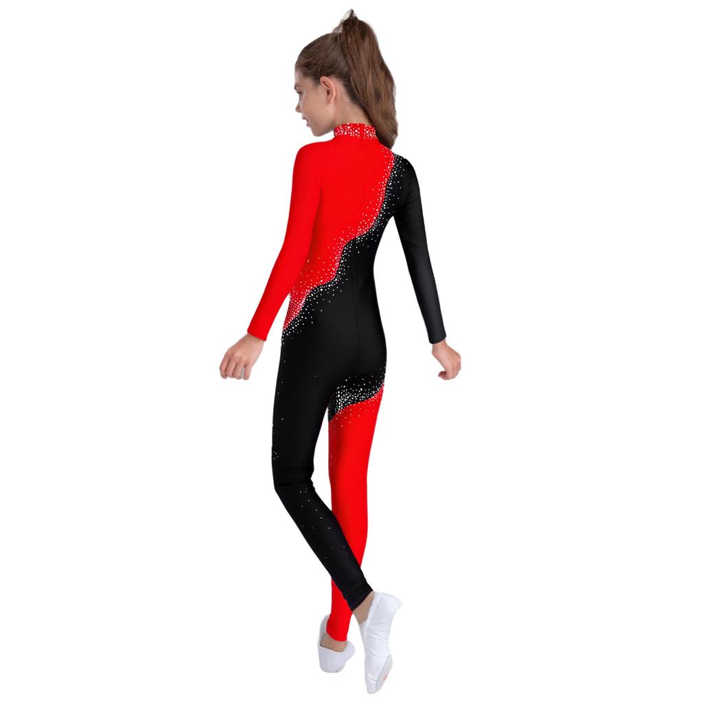 Jenter Fargeblokk Ytelsesjumpsuit Glitrende Rhinestones Mock Neck Langermet Usynlig Glidelås Bak Full Kropp Danseklær