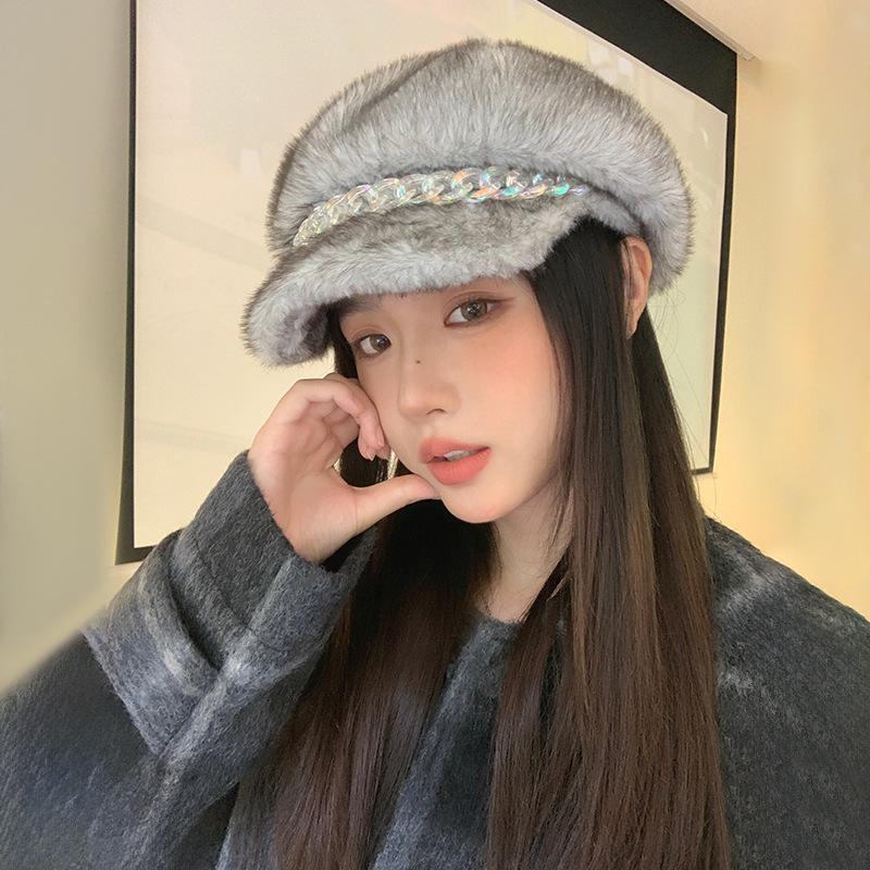 Autumn and Winter Beret Cap Women's Imitation Mink Hair Thermal Ear Protection Hat Versatile Casual Retro Octagonal Hat Painter Hat