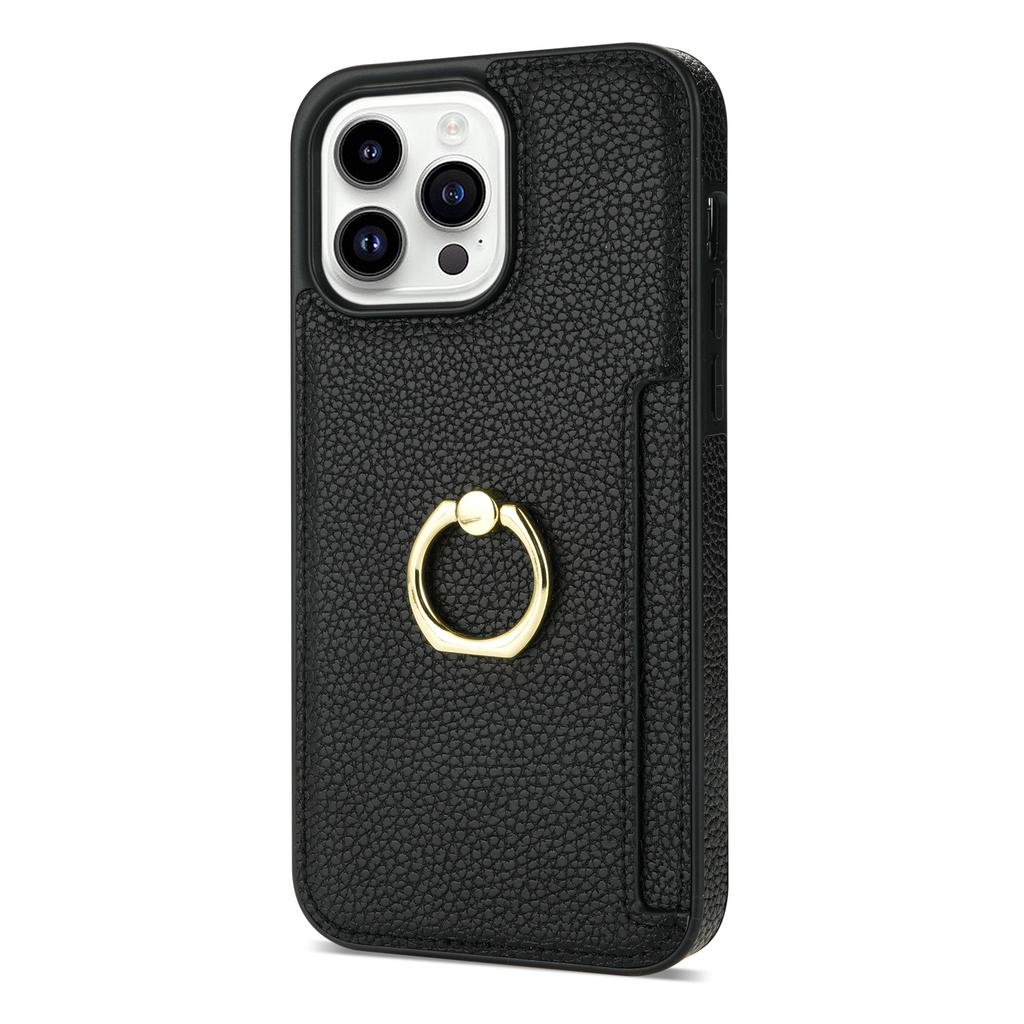 Compatible with iPhone 16 Case, 17 Pro Litchi-patterned Ring Buckle Stand, Card Slot, Wallet, Shockproof Case, 14 Plus