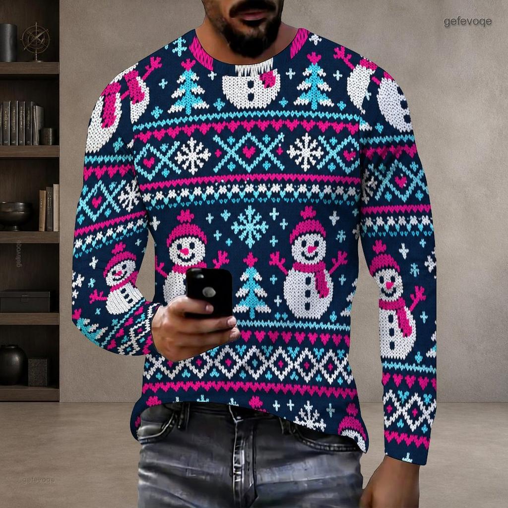 Men Plus Size Black Round Neck Long Sleeve Christmas Neon Printed Pullover T Shirt