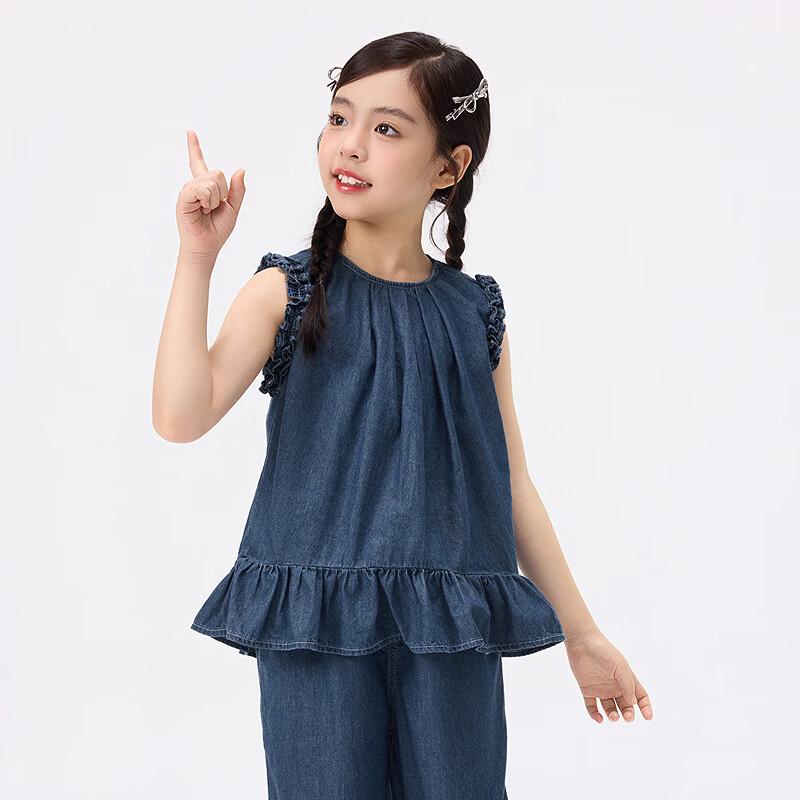 Girls  Ruffle Edge Soft Denim Sleeveless Two-Piece Set 150