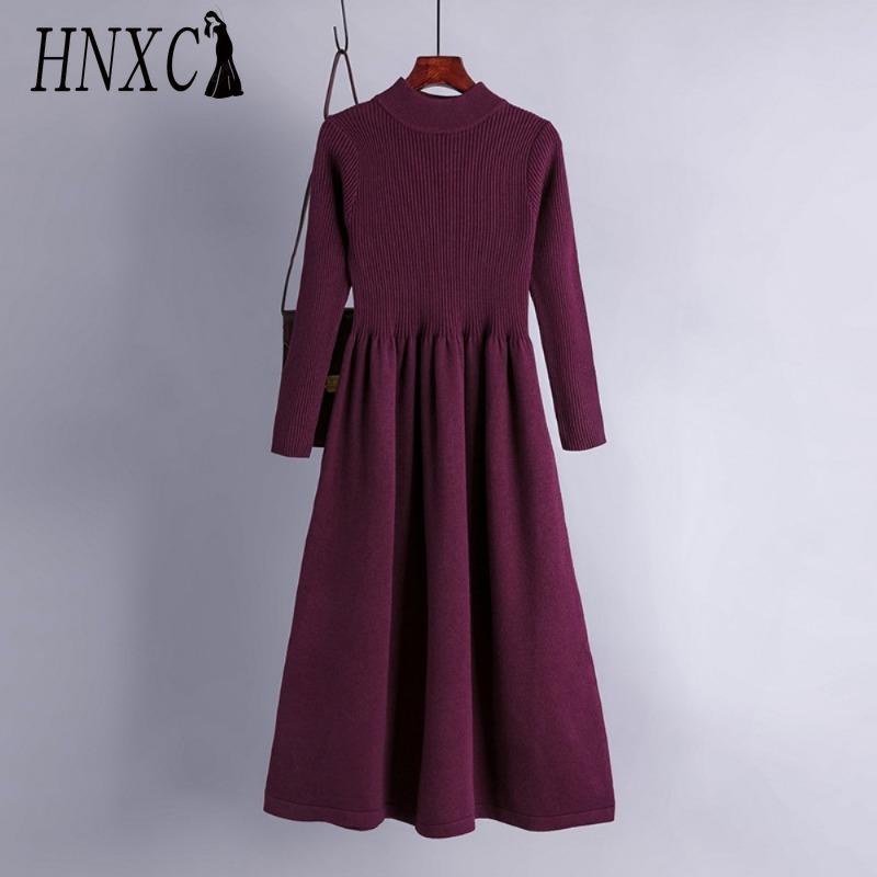 HNXC Women's Fashion Spring Autumn Solid Color Print Long Sleeve High Waist Casual Dresses