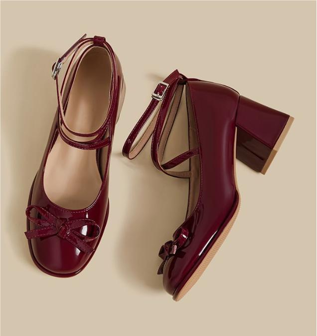 Red Mary Jane Female Pumps Thick High Heels Shoes Female Lolita Square Toe Shoes Spring Fashion Party Leather Woman Shoes