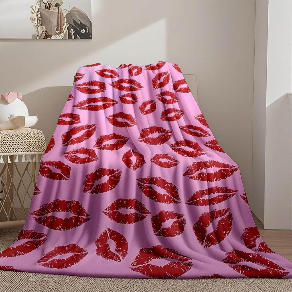 Pink Background Red Lip Print Kiss Mark Seamless Flannel Throw Blanket, Soft Warm Sofa Cover, Romantic Valentines Bedroom Decor