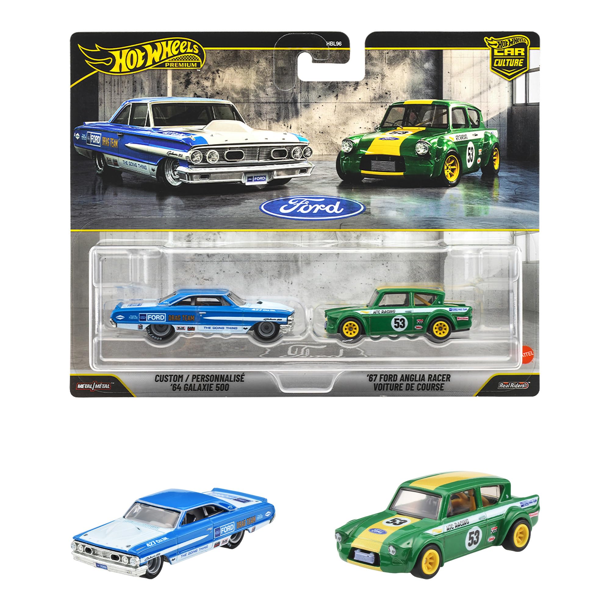 Hot Wheels Custom 64 Galaxie 500 and 67 Ford Anglia Racer 2-Pack Mini Cars Ages 3+ Multi JHW50