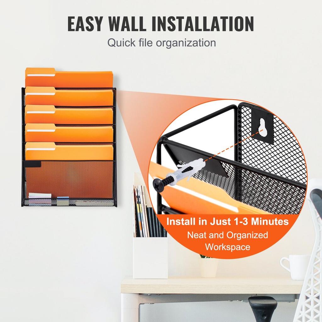 File Wall Rack, One-Piece 6 Pockets Mesh Wall File Holder, Wall Mounted Magazine Mail Paper & Document Storage Folder, Metal Wall File Organizer with