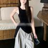 Korean suit, high-end black vest, streamer top, women's summer striped retro wide-leg loose high-waisted trousers