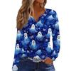 Women's Fashion Casual Halloween Printed V-Neck Button Trim Long Sleeve T-Shirt Top
