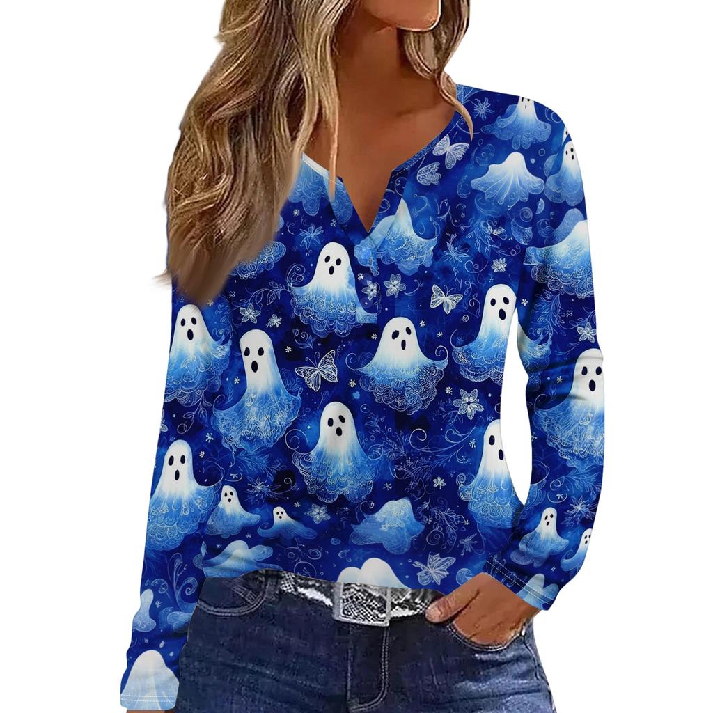 Women's Fashion Casual Halloween Printed V-Neck Button Trim Long Sleeve T-Shirt Top
